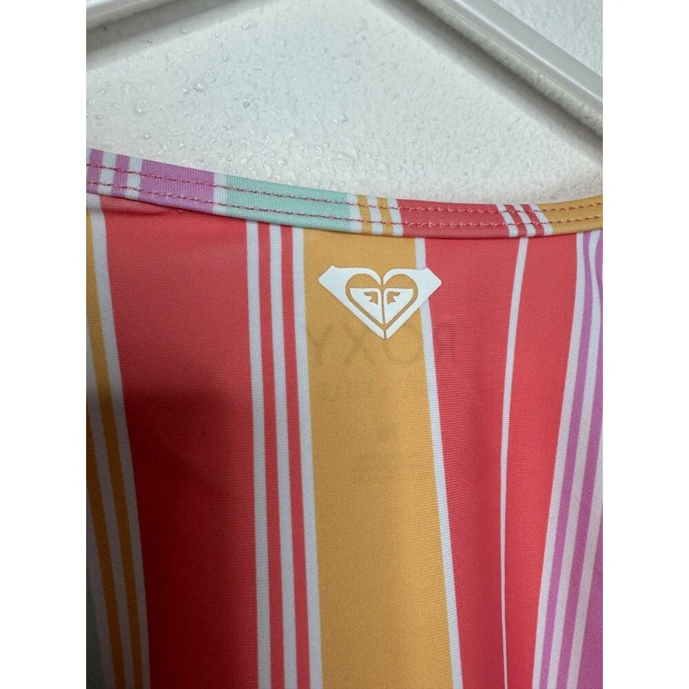 Roxy Girl Size 16 Cropped Striped Rashguard Sunkissed Coral Salty Sunset EUC